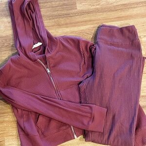 Women's Burgundy Ribbed Hoodie and Pants Set